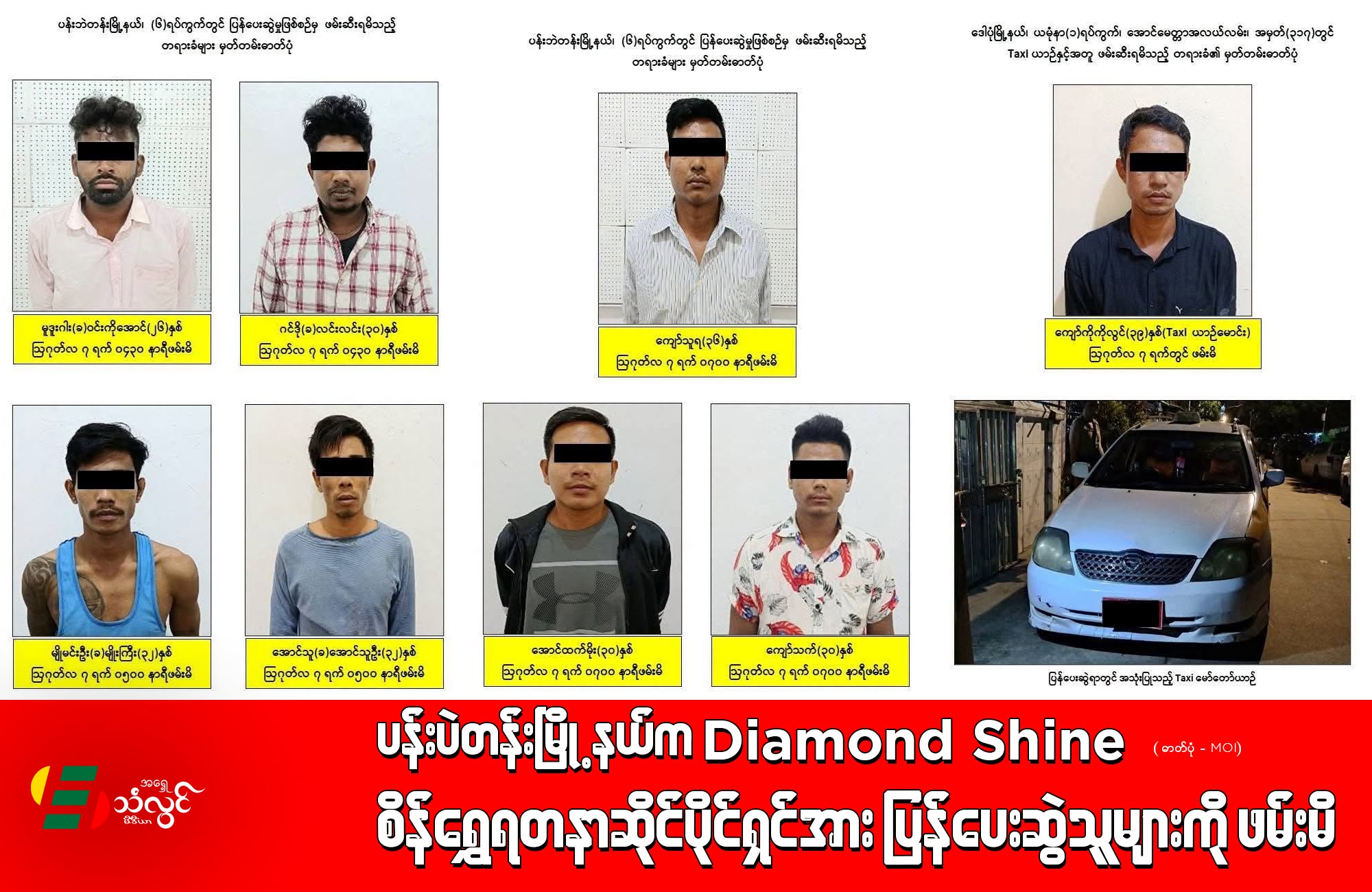 ပန်းပဲတန်းမြို့နယ်က Diamond Shine စိန်ရွှေရတနာဆိုင်ပိုင်ရှင်အား ပြန်ပေးဆွဲခဲ့သူများကို ဖမ်းမိ